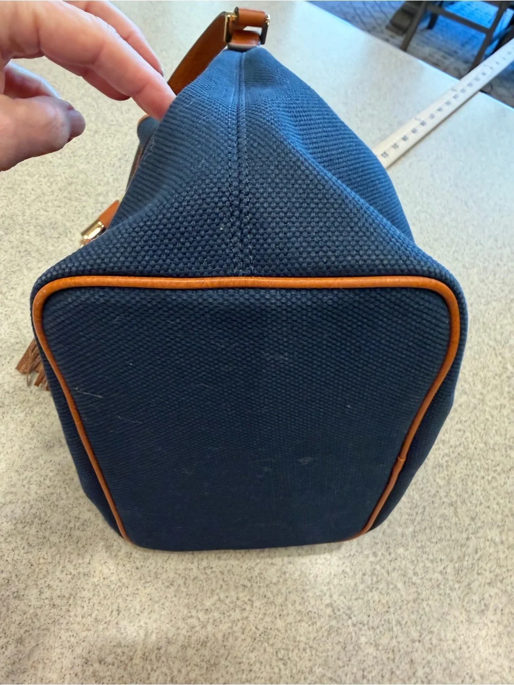 Michael Kors Navy Canvas Bucket Crossbody with Brown Leather Trim